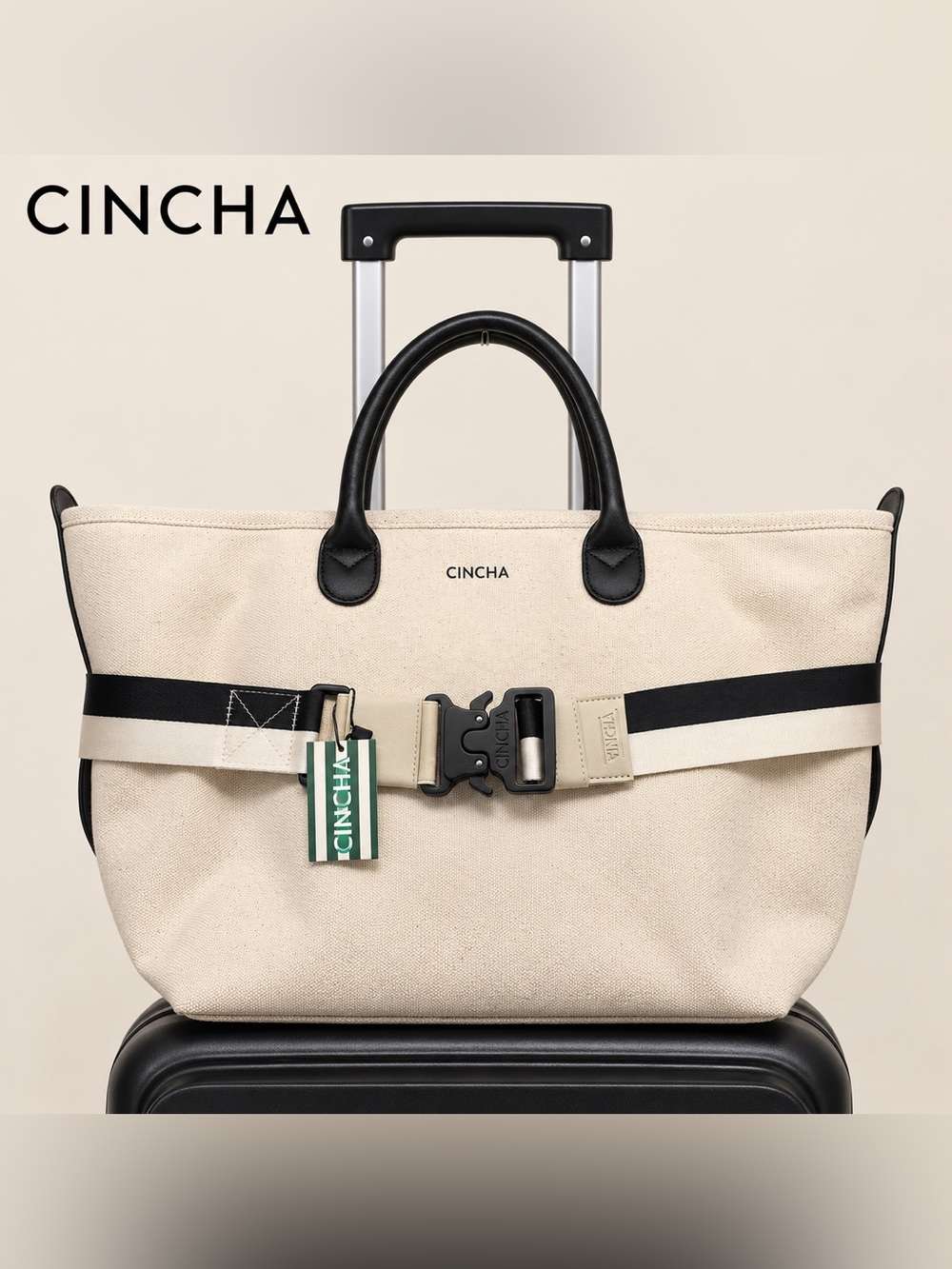 NWT CINCHA Canvas Go-Tote Travel Bag Luggage Strap Cream Black
